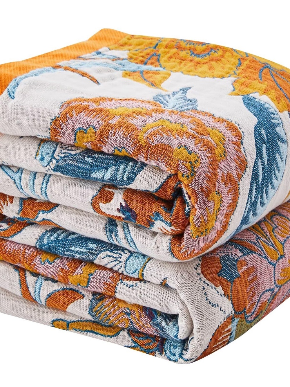 Decorative Floral Cotton Throw Blanket - Orange & Blue
